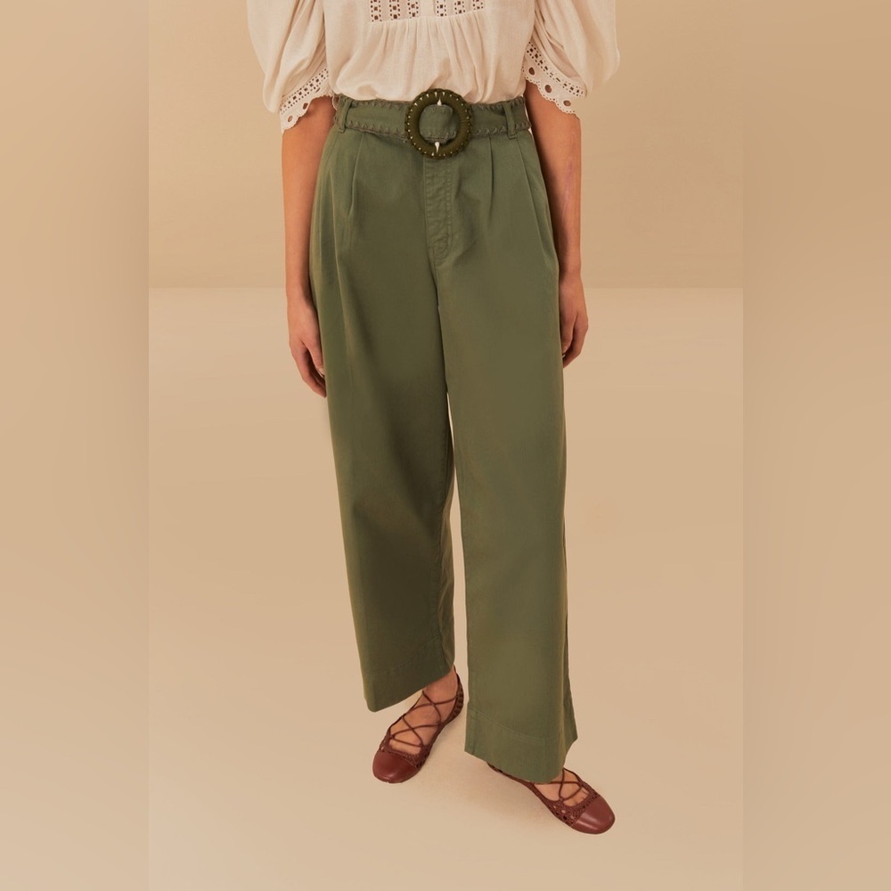 Farm Rio: Green Twill Pleated Wide Pants - Picture 4 of 11